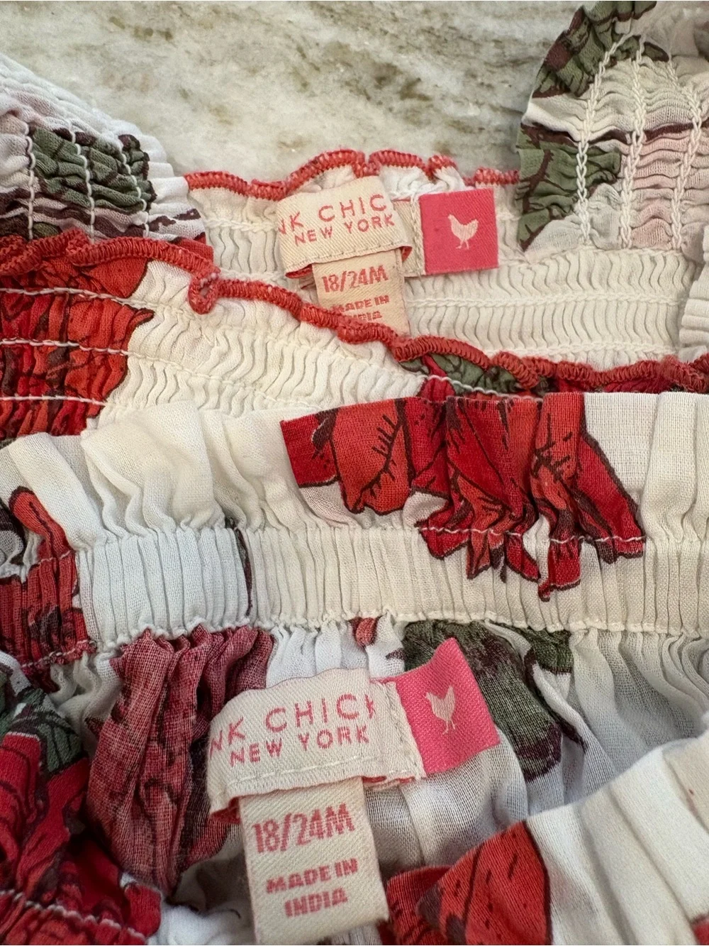 Pink Chicken White Dress & Bloomers with Red Floral Print